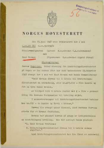 Norges Høyesteretts dom av 23. juni 1948 i sak L.nr.27 III, erstatningssaken mot Knut Hamsun. Side 