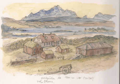 Husene på prestegården, Hamarøy, malt av Karl Erik Harr. Knut Hamsun bodde deler av sin barndom h