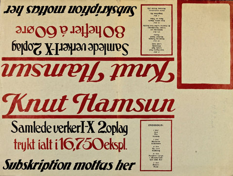 Bokplakat: "Knut Hamsun. Samlede verker I–X, 2. oppl. Subskription mottas her"